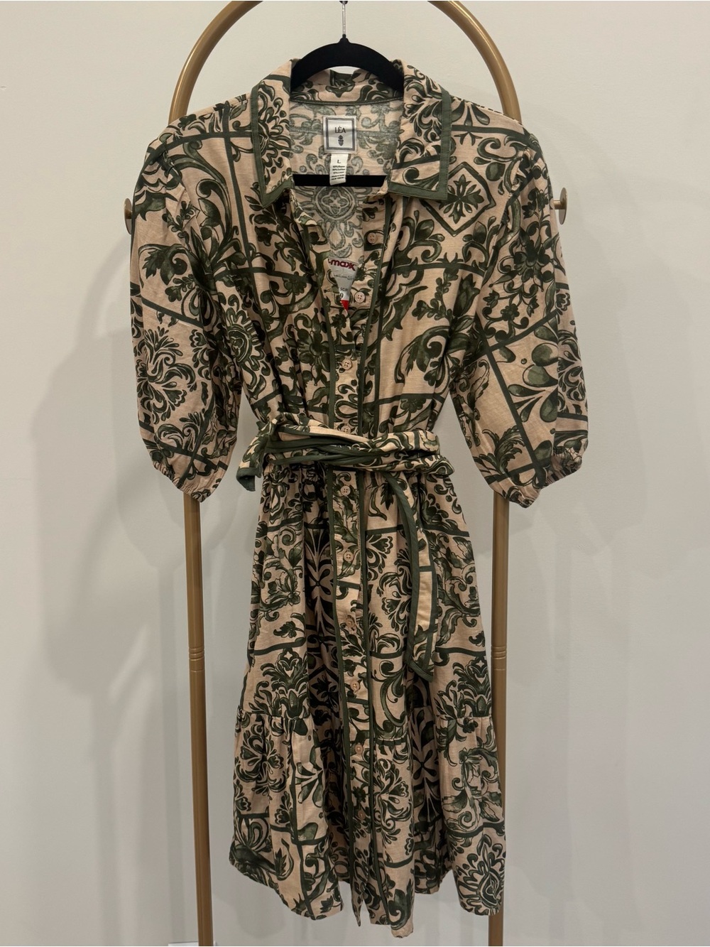 Green Floral Print Belted Midi Shirt Dress